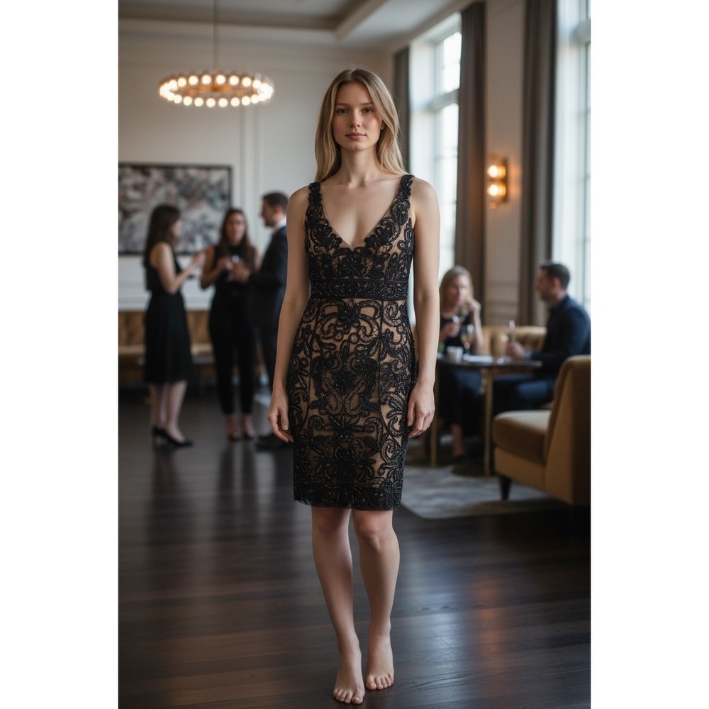 Sue Wong‎ Nocturne Black Beaded Soutache Champagne Cocktail Dress Size 6 V-Neck